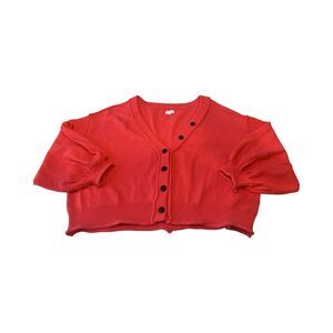 POL Red Cotton Knit Cropped‎ Cardigan Balloon Sleeve V-Neck Sweater YST351 L